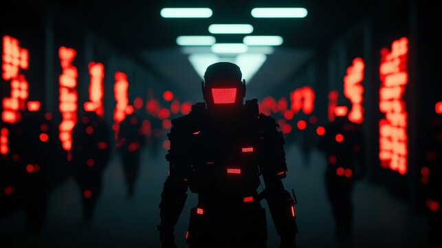 Futuristic Cyberpunk Warrior Battling in Neon Halls with Red Lights and Tech-Enhanced Armor