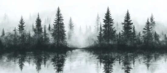 Obraz premium Misty black and white forest landscape with dark fir trees reflected in calm water creating an eerie and mystical atmosphere for design use