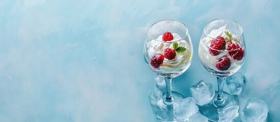 Elegant dessert glasses filled with cream and berries on melting ice with a light blue background for marketing or culinary themes