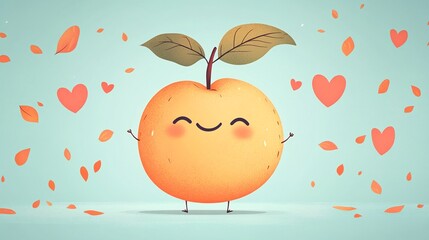 A cartoon peach with closed eyes and blushing cheeks is being blown away by floating orange leaves and pink hearts.