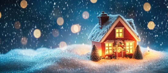 Fototapeta premium Miniature Christmas house glowing warmly in a snowy night with festive ambiance and spacious area for personalized text or message.