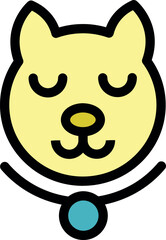 Cute cartoon dog face wearing a blue necklace is smiling and closing its eyes