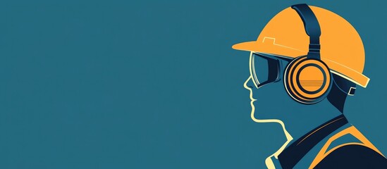 Engineer with safety ear protection in industrial setting isolated on blue background suitable for text overlay and promotional use