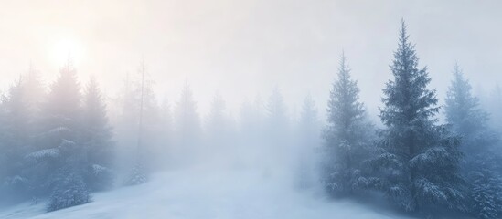 Serene Winter Landscape with Fog and Snow-Covered Trees Ideal for Text Placement in a Calm Natural Setting