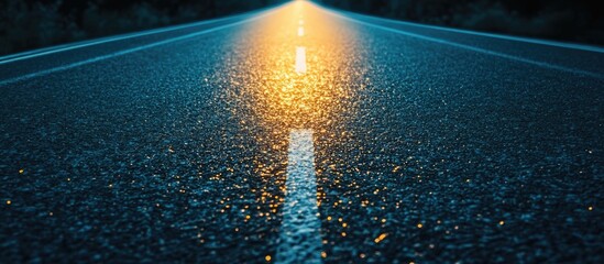 Futuristic Asphalt Road with Neon Glow and Reflection Ideal for Cyberpunk Themes and Text Overlay in a Dynamic Urban Setting