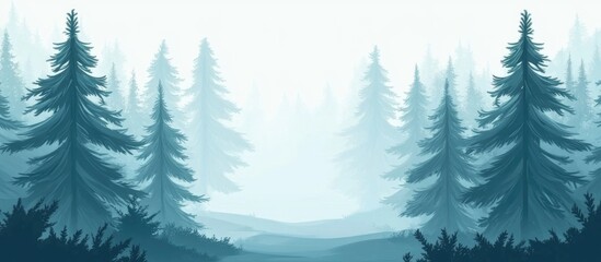 Obraz premium Serene foggy pine tree forest landscape featuring spruce trees and ample empty space for text and design elements