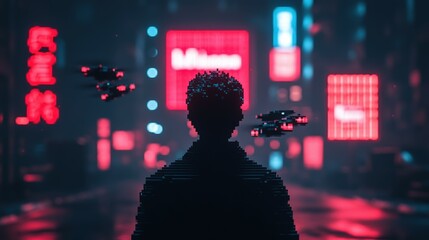 Fototapeta premium Futuristic Urban Night Scene with Digital Figure and Neon Lights Reflecting a Cyberpunk Atmosphere