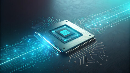 Futuristic technology design featuring a glowing circuit chip for innovation concepts.