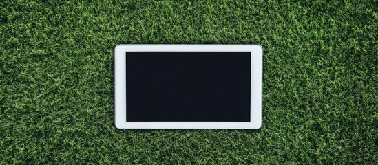Football tablet display on green field with ample space for text and marketing purposes in sports or technology themes.