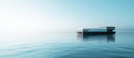 Ferry boat docking in tranquil waters with floating containers showcasing empty space for advertising or informational text.