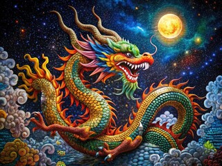 Night photography captures a vibrant dragon mosaic, celebrating the Lunar New Year's mythological beast.