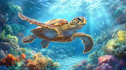 Obraz premium Sea Turtle Swimming Gracefully Through Clear Blue Ocean Waters