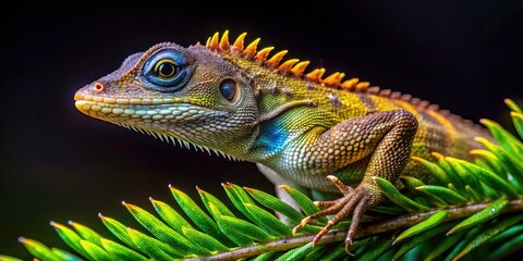 Fototapeta premium Night photography reveals a changeable lizard's intricate detail on a Thai conifer.