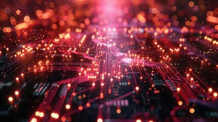 Obraz premium Abstract close-up view of a vibrant circuit board with glowing lights and intricate patterns