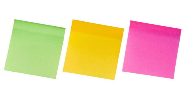 colorful sticky notes set with adhesive backing for reminders and organization, green yellow pink, isolated background
