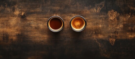 Fresh Aromatic Espresso Coffee in Two Cups on Dark Wooden Background with Space for Text or Branding