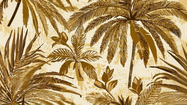 Retro-inspired floral pattern with large, tropical leaves and ferns, paired with classic Bali-style florals. Warm mustard yellows, rich oranges, soft browns provide a vintage, sun-faded look