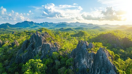 Fototapeta premium Aerial view of rugged stone mountains under a vibrant blue sky surrounded by lush green trees with space for text or branding