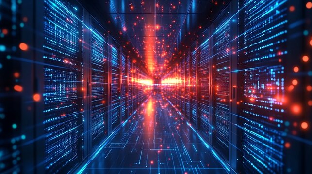 A futuristic server room with rows of glowing computers.