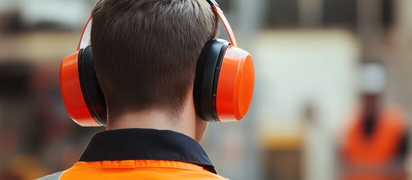 Engineer wearing hearing protection on work site with safe practices highlighted and space for customizable text element.