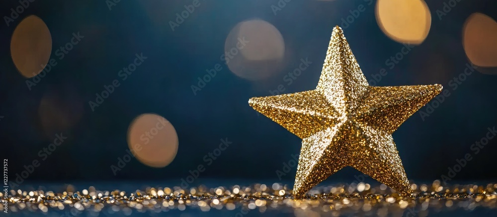 Wall mural glittering gold star decoration for festivals with bokeh background and space for creative text or h