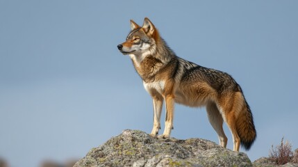 Lone Wolf Standing Proud on Rocky Outcrop Under Full Sunlight