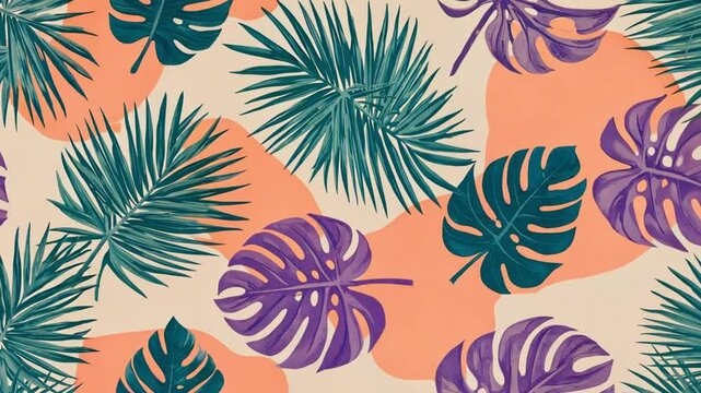 trendy summer Bali style floral patter background, colorful leaves palm shape art video wallpaper. Summer colors botanical tropical leaves