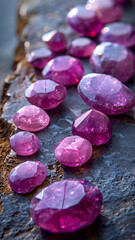 Glistening purple gemstones scattered on textured surface, reflecting light beautifully