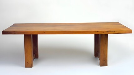 Fototapeta premium 79. A minimalist wooden dining table with a spacious top and tapered legs, displayed on a white backdrop