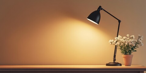 Elegant desk lamp creating a warm ambiance in a serene workspace with space for text and a potted flower adding a touch of nature.