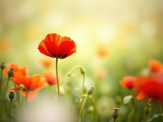 Naklejka premium Soft red poppy standing out in a dreamy pastel meadow, symbolizing beauty and serenity, environment, growth