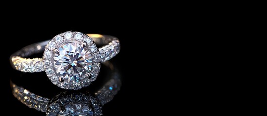 Fototapeta premium Elegant diamond ring showcasing exquisite craftsmanship with reflections and ample space for text or branding on a dark background