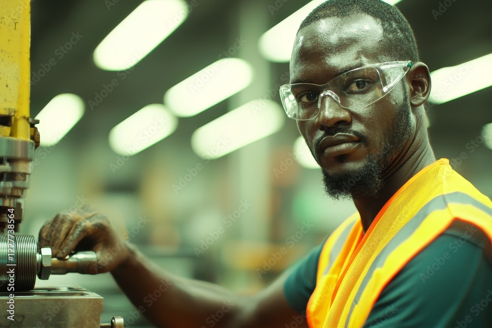 Poster A detailed view of an engineer using a tablet to monitor the industrial machinery in a factory.