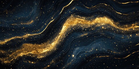 Obraz premium Gold Glitter Waves on Dark Background for Sophisticated Texture and Design with Blank Space for Custom Text or Branding