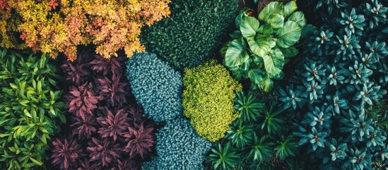 Lush shrubbery in vibrant colors showcasing nature's beauty with empty space for text and design elements in a tranquil garden setting