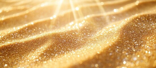 Golden sand beach illuminated by sunlight with ample space for text, creating a serene summer atmosphere for promotional use.