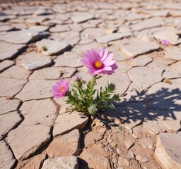 Soft petal pink desert wildflower blooms on dry cracked earth, sun-drenched soil, blooming flowers, rocky landscape