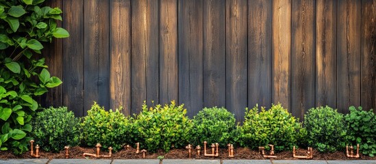 Lush garden scene featuring a wooden fence with copper piping and clear space for text integration or advertising purposes