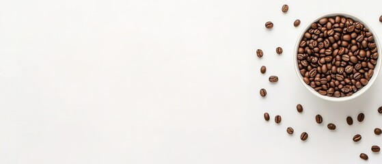 Naklejka premium Photo of a cup and coffee beans on a white background with copy space, top view. Web banner with copy space on the right side for text.