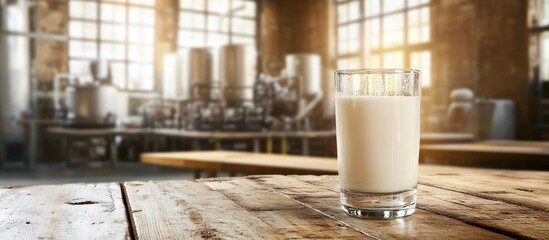 Fresh milk glass on wooden table with dairy factory background showcasing milk processing and ample space for text placement
