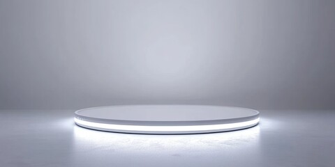 Modern minimalist interior showcasing a circular platform with LED illumination and ample space for text or product display.