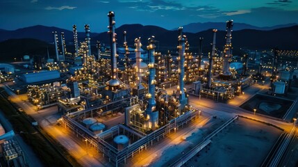 Fototapeta premium Aerial view of a bustling industrial complex at dusk, illuminated by bright lights against a mountain backdrop