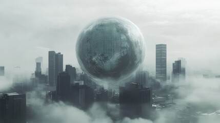 Hanging in a foggy sky, a giant disco ball casts shimmering reflections over a futuristic city, creating a surreal, dreamlike atmosphere filled with mystery and intrigue