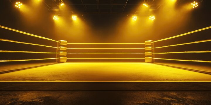 Empty boxing ring illuminated by yellow lights in a spacious arena with ample copy space for promotional text or graphics.