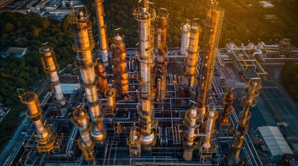 Aerial view of an industrial complex at sunset showcasing towering smokestacks and infrastructure