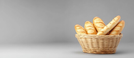 Basket of Freshly Baked Baguettes on Gray Background Minimalist Bakery Display with Space for Text and Advertising Elements