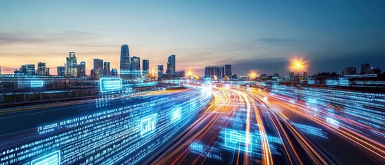 Fototapeta premium City skyline at dusk with light trails and digital data
