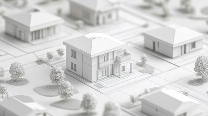Minimalist 3D model of suburban neighborhood with houses and landscaping in soft focus