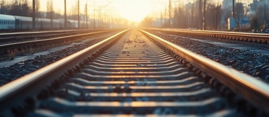 Engineers inspecting railway tracks at sunset highlighting safety measures and infrastructure with ample space for text overlay.