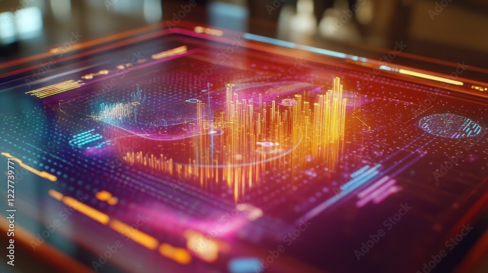 Poster glowing charts and graphs are displayed on a futuristic heads up display - hud - , visualizing compl